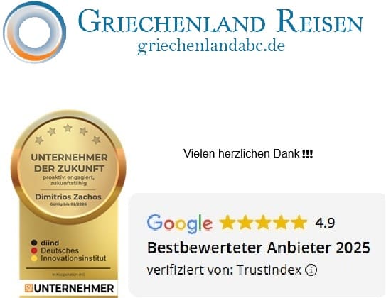 Das auf Griechenland Reisen spezialisierte Unternehmen von Dimitrios Zachos wurde für seine individuellen Griechenland Urlaub nach Kundenbedürfnissen vom Deutschen Innovationsinstitut für Nachhaltigkeit und Digitalisierung als Unternehmer der Zukunft und von Google, verifiziert durch Trustindex, als Bestbewerteter Betrieb 2025 ausgezeichnet.