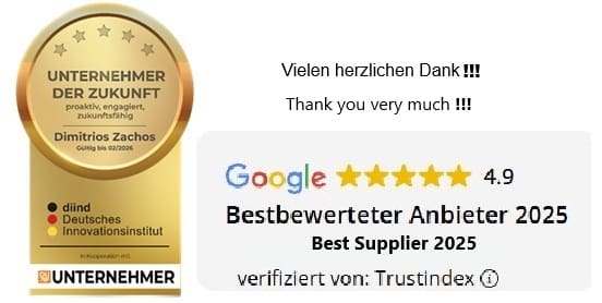 Dimitrios Zachos von Griechenland Reisen als „Unternehmer der Zukunft“ des Deutschen Innovationsinstituts.
Griechenland Reisen als Googles bestbewerteter Betrieb für Service und Sicherheit.