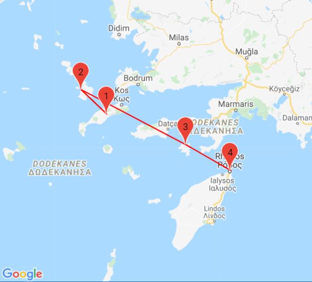 Karte für Inselhopping im Dodekanes mit beispielhafter Inselroute.