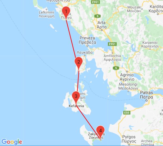 Karte für Inselhopping auf den Ionischen Inseln mit beispielhafter Reiseroute.