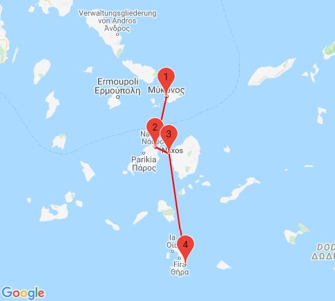 Karte für Kykladen-Inselhopping in Griechenland mit beispielhafter Inselroute