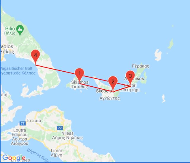 Karte für Inselhopping auf den Sporaden mit beispielhafter Route zwischen Pilion und den Sporadeninseln.
