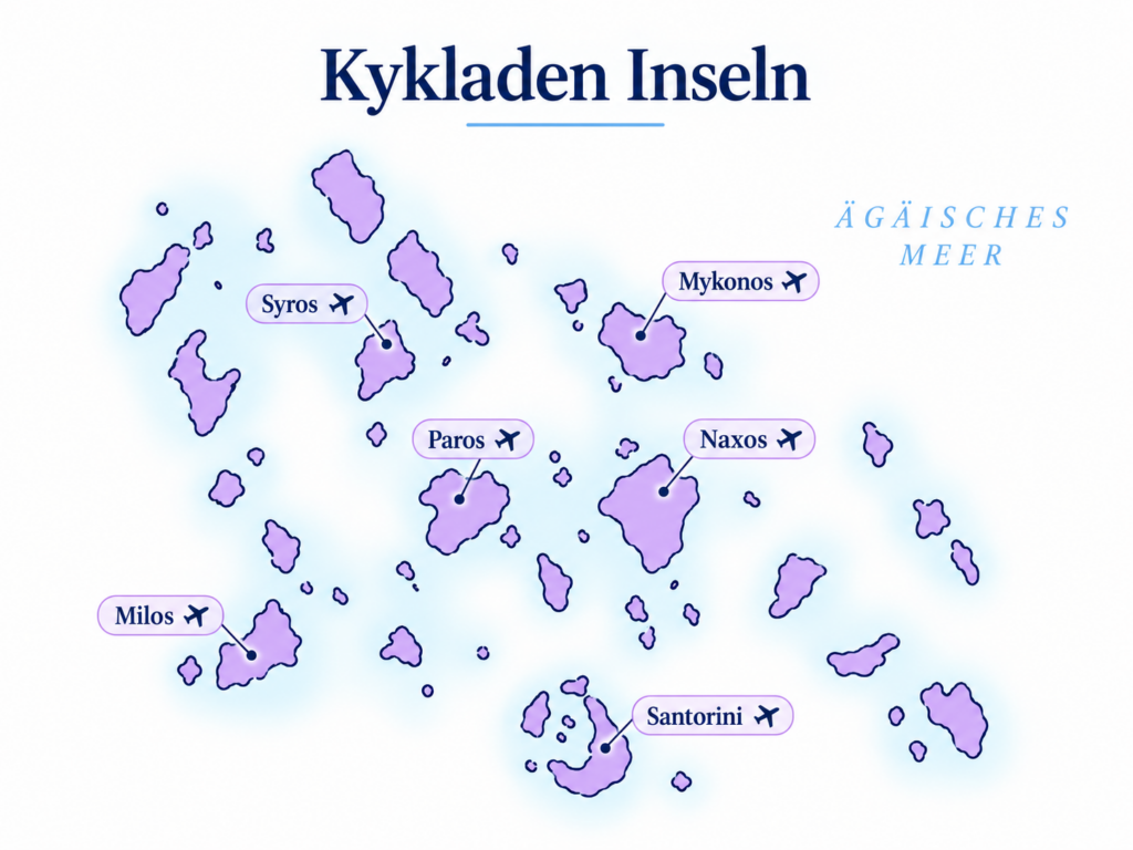 Neben Kreta und Rhodos sind die Kykladen-Inseln mit Mykonos und Santoini wohl die bekannrest Inselgfruppe Griechenlands
